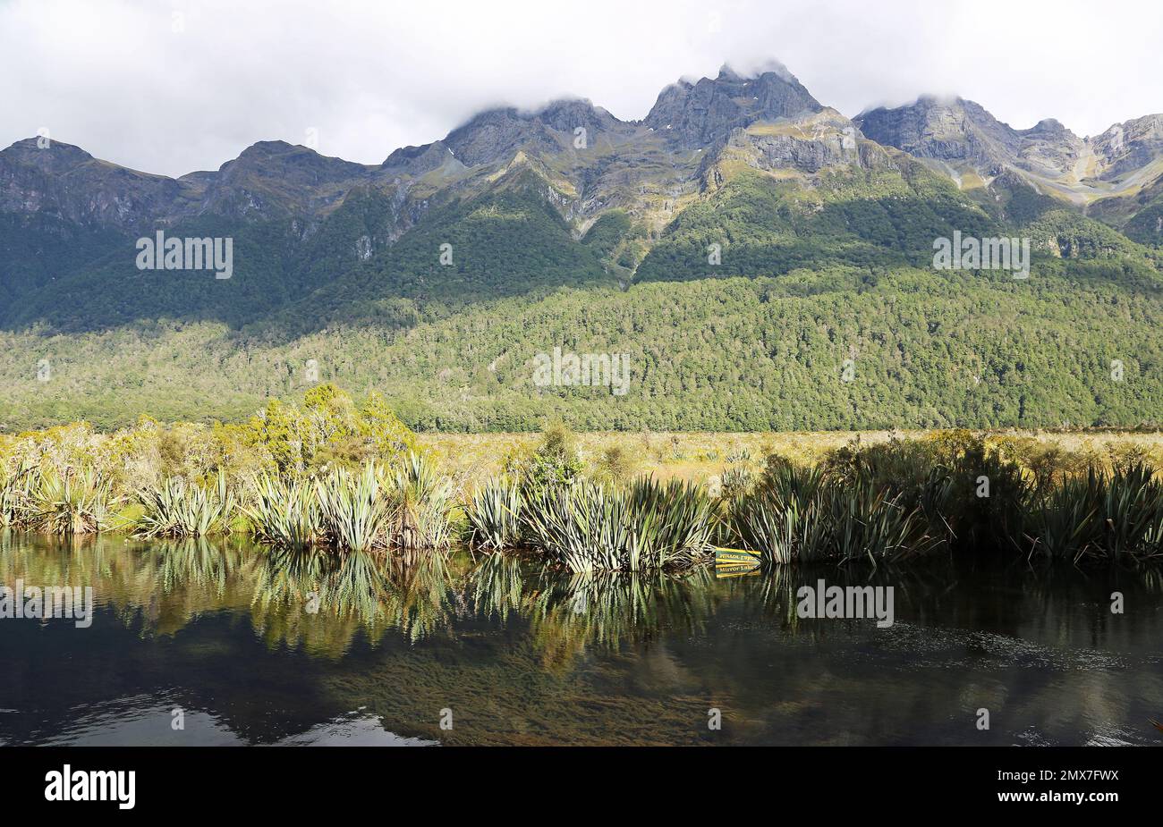 Earl Mountains on Mirror Lake, New Zealand Stock Photo