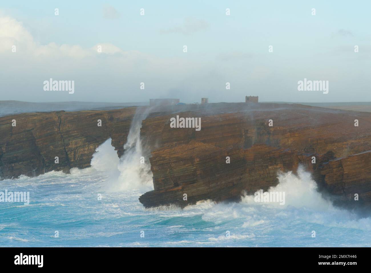 View towards Yesnaby World War 2 defence buildings on a stormy day, Orkney Islands Stock Photo