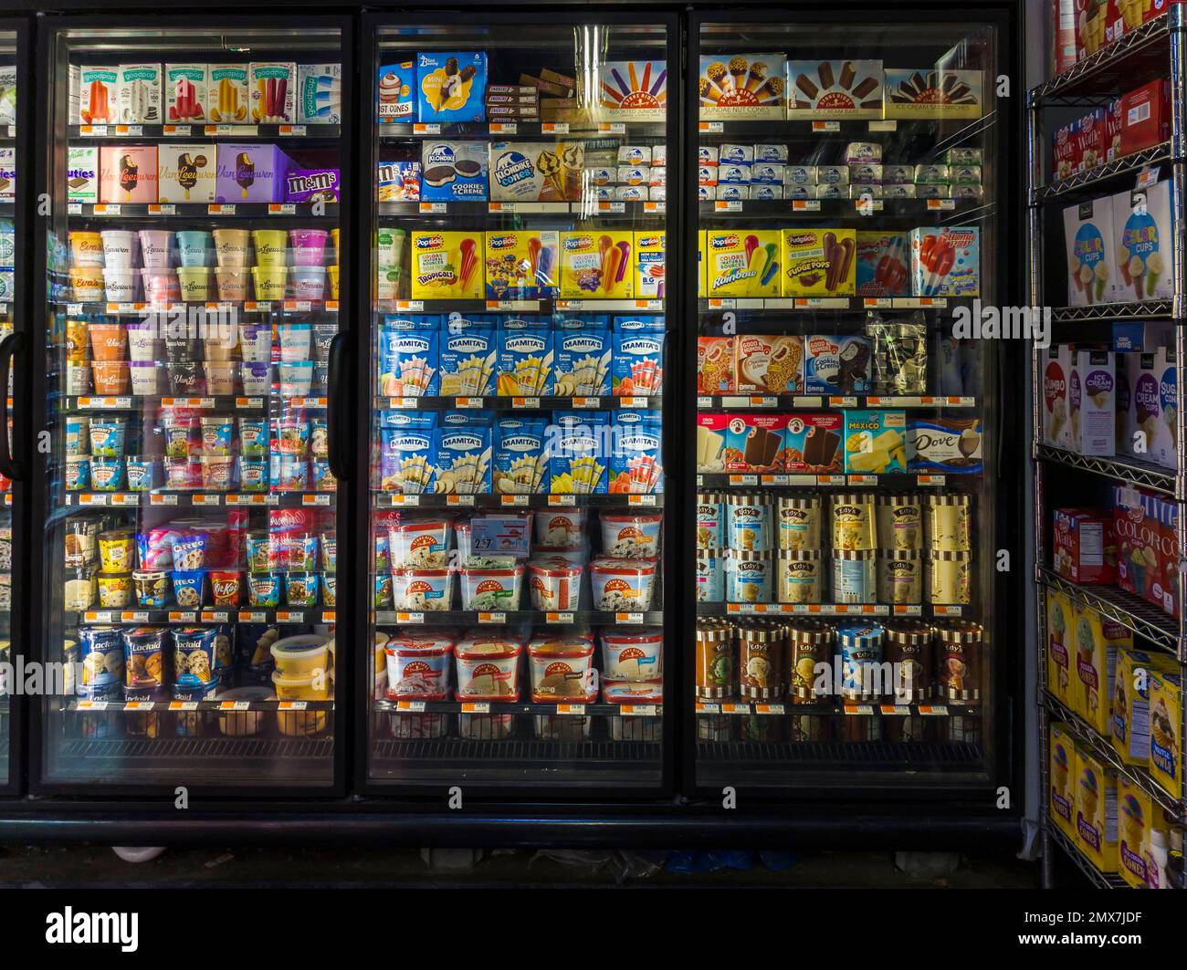 A selection of ice cream in a freezer in a supermarket in New York on