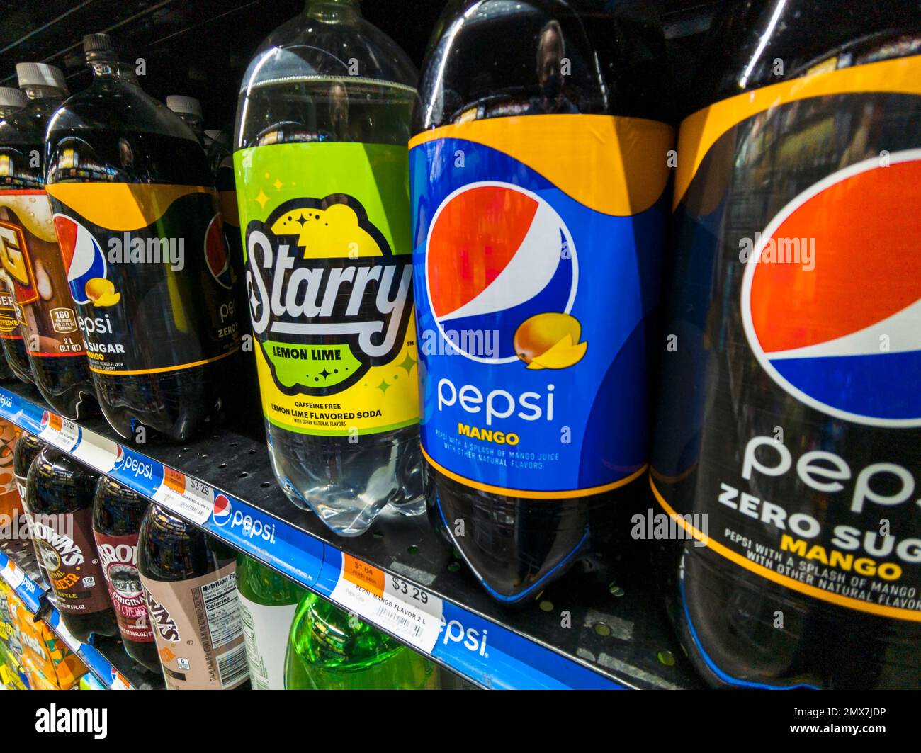 Bottles of Starry with other Pepsi-Cola products in a supermarket in New York on Sunday, January 29, 2023. Starry replaces Sierra Mist as their citrus flavored product. (© Richard B. Levine) Stock Photo
