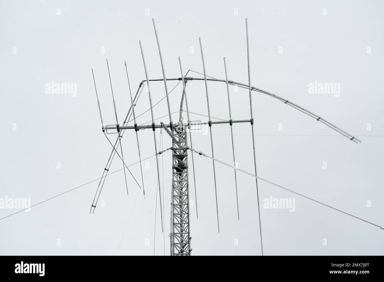 Broken radio communications antennas due to ice storm in central Texas