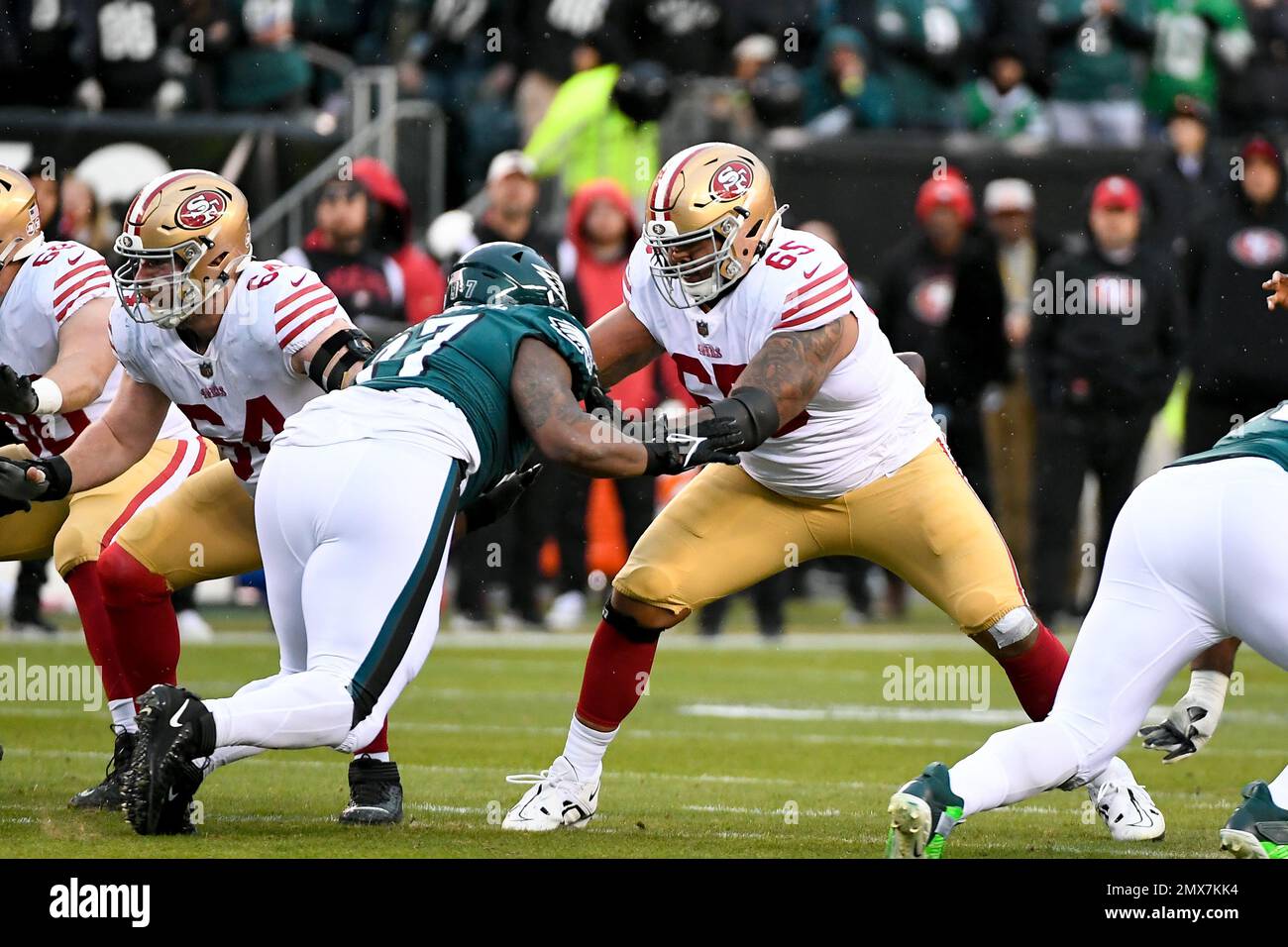 Philadelphia, Pennsylvania, USA. 29th Jan, 2023. Pennsylvania, USA; Philadelphia Eagles defensive tackle Javon Hargrave (97) and San Francisco 49ers guard Aaron Banks (65) square off at the line of scrimmage during the first half of the NFC Championship in Philadelphia, Pennsylvania. Mandatory Credit Eric Canha/CSM/Alamy Live News Stock Photo