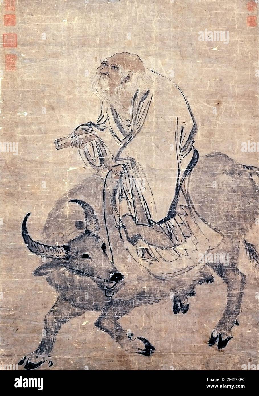 Lao Tzu. Illustration of the ancient Chinese Taoist philosopher, Lao Tzu ( Laozi ) Riding an Ox by Zhang Lu  (1464–1538), scroll, c. 1480-1538 Stock Photo
