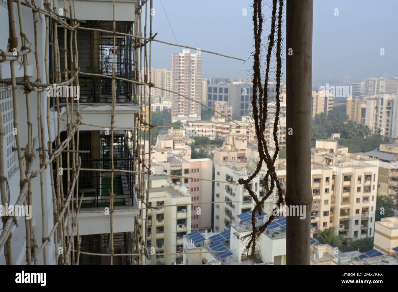 INDIA, Mumbai, apartment tower under renovation, Scaffolding with bamboo poles tied with jute ropes / INDIEN, Mumbai, Wohnhaus mit Baugerüst aus Bambus Stock Photo