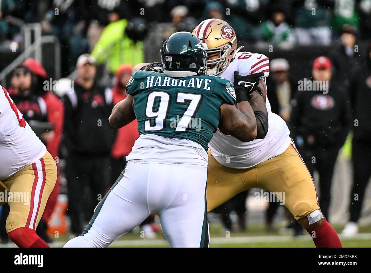Philadelphia, Pennsylvania, USA. 29th Jan, 2023. Pennsylvania, USA; Philadelphia Eagles defensive tackle Javon Hargrave (97) and San Francisco 49ers guard Aaron Banks (65) square off at the line of scrimmage during the first half of the NFC Championship in Philadelphia, Pennsylvania. Mandatory Credit Eric Canha/CSM/Alamy Live News Stock Photo