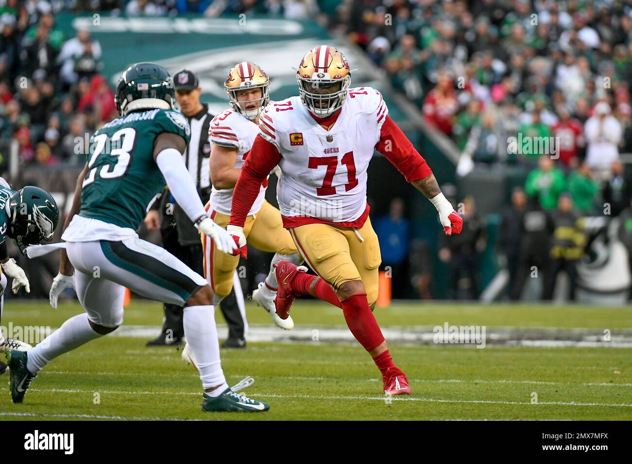 Philadelphia, Pennsylvania, USA. 29th Jan, 2023. Pennsylvania, USA; San Francisco 49ers offensive tackle Trent Williams (71) in game action against the Philadelphia Eagles during the first half of the NFC Championship in Philadelphia, Pennsylvania. Mandatory Credit Eric Canha/CSM/Alamy Live News Stock Photo