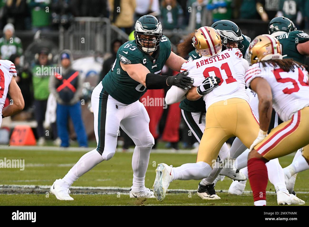 Philadelphia, Pennsylvania, USA. 29th Jan, 2023. Pennsylvania, USA; Philadelphia Eagles offensive tackle Lane Johnson (65) in game action against the San Francisco 49ers during the first half of the NFC Championship in Philadelphia, Pennsylvania. Mandatory Credit Eric Canha/CSM/Alamy Live News Stock Photo
