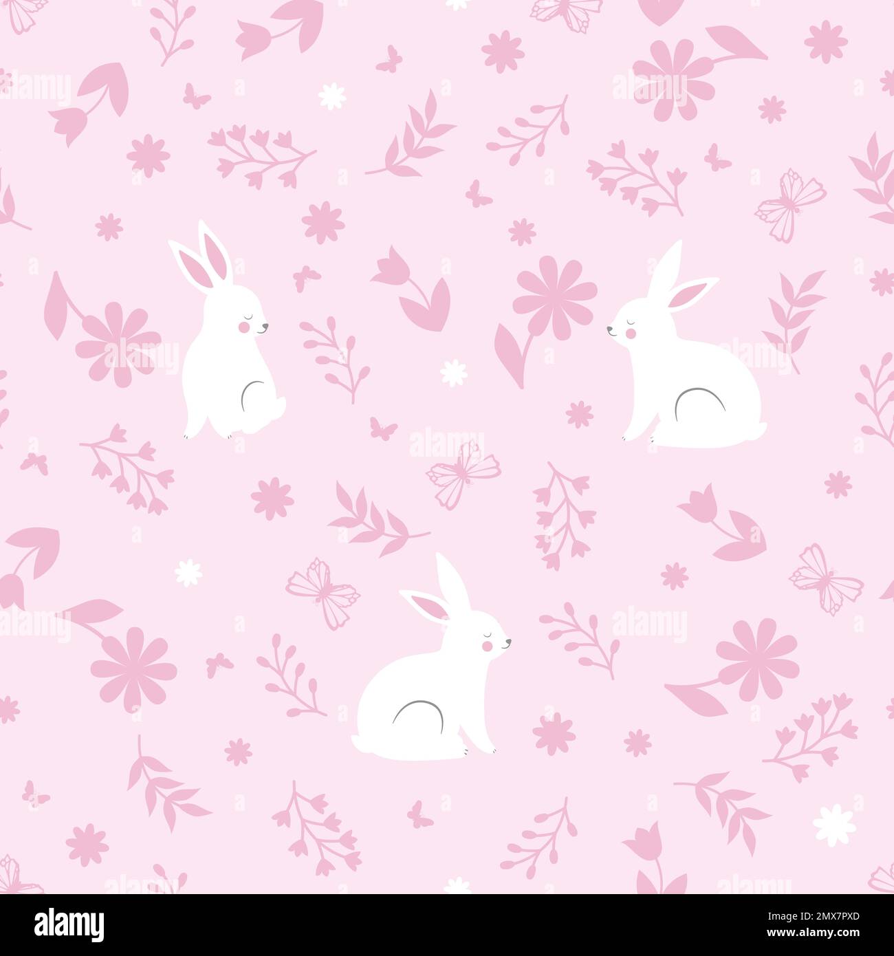 Cute seamless pattern with bunny and pink flowers and leaves Stock ...