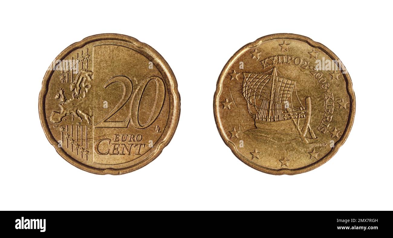 Both sides of the 20 Euro cents coin minted in Cyprus (2008) featuring Kyrenia ship, a trading vessel dating back to the 4c BC, on the obverse side. Stock Photo