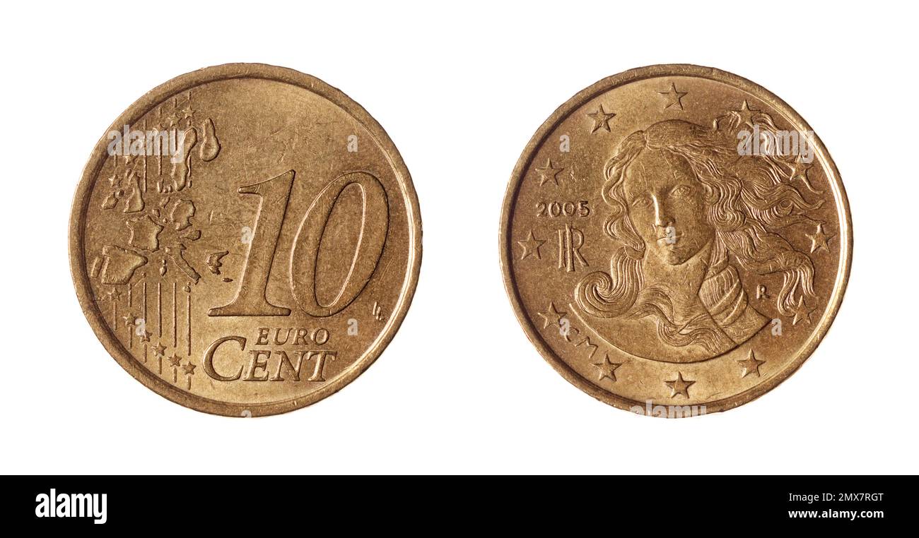 Both sides of the 10 Euro cents coin minted in Italy (2005) with a detail of the 'Birth of Venus' by Sandro Botticelli (circa 1485) on the obverse. Stock Photo