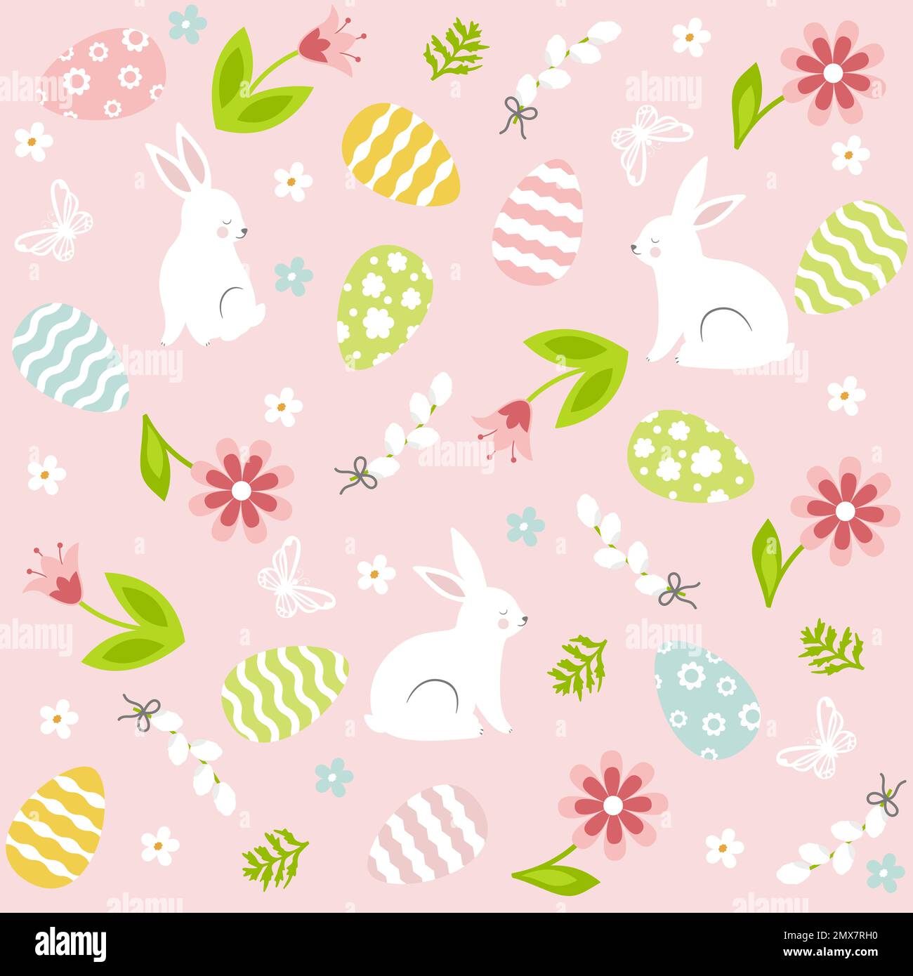 Cute easter seamless pattern with bunny, flowers, butterfly and eggs. Stock Vector