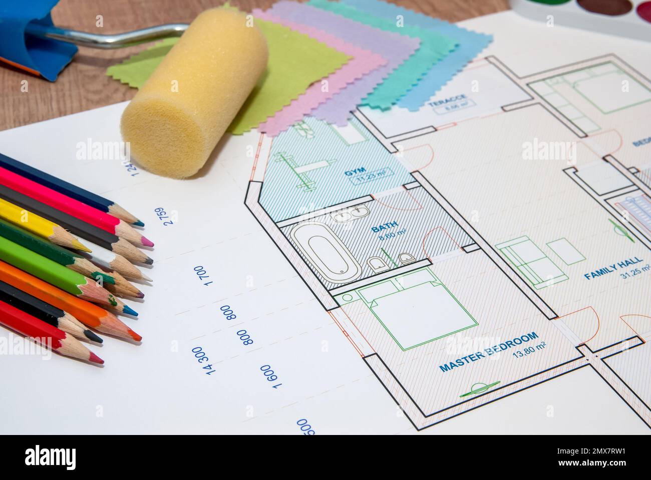 architectural plan of the house with color palette, pencil and fabric samples Stock Photo