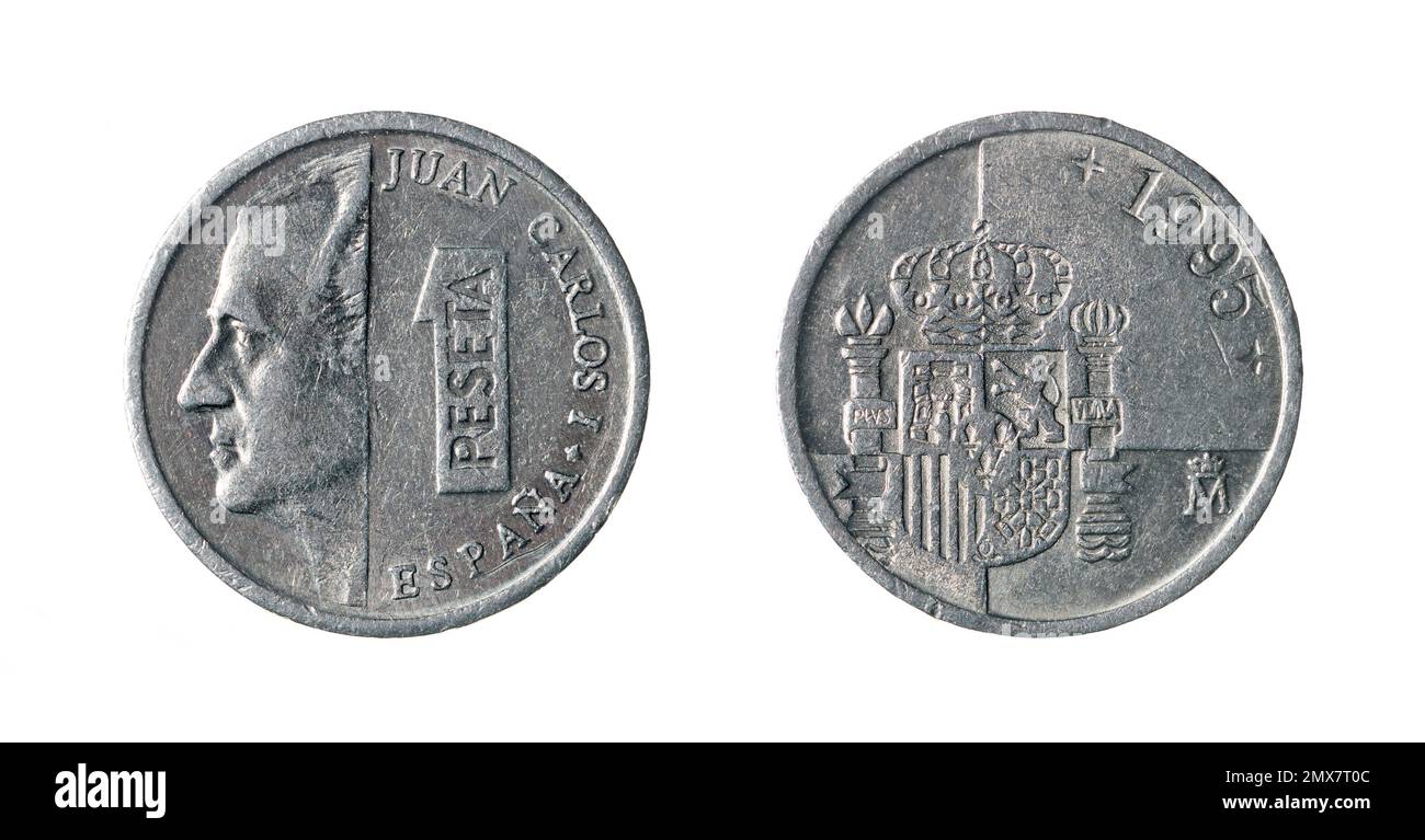 Both sides of the 1 Spanish peseta coin (1995) featuring portrait of the King Juan Carlos I of Spain on the obverse. Stock Photo