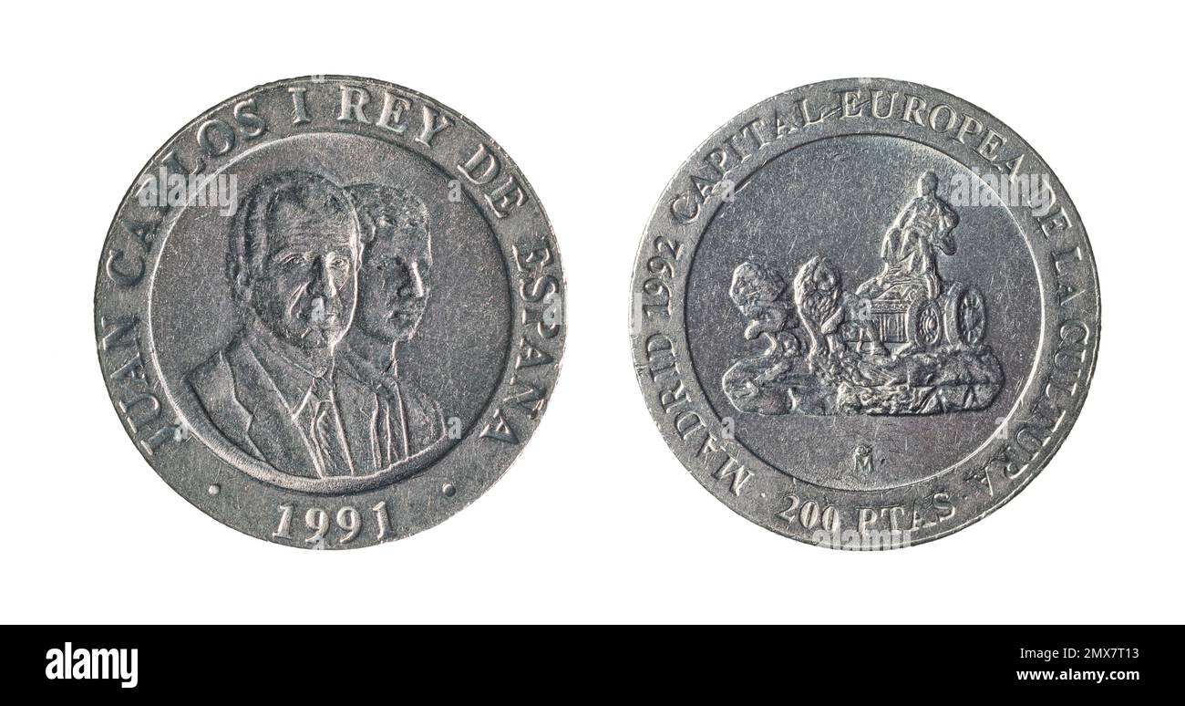 Both sides of the 200 Spanish pesetas coin (1991) featuring conjoined busts of King and Crown Prince of Spain on the obverse. Stock Photo