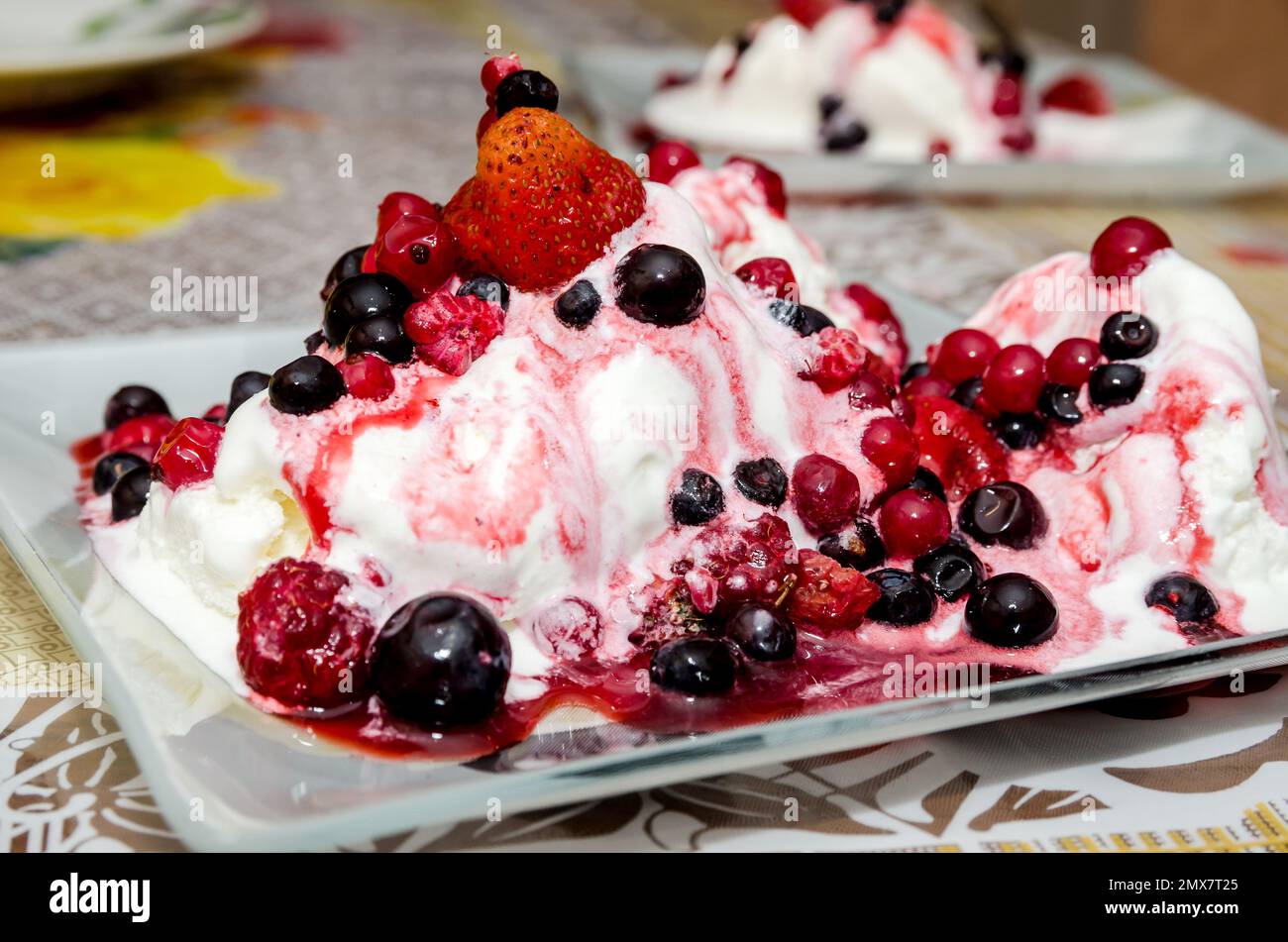 delicious vanilla ice cream with fruit in plate Stock Photo
