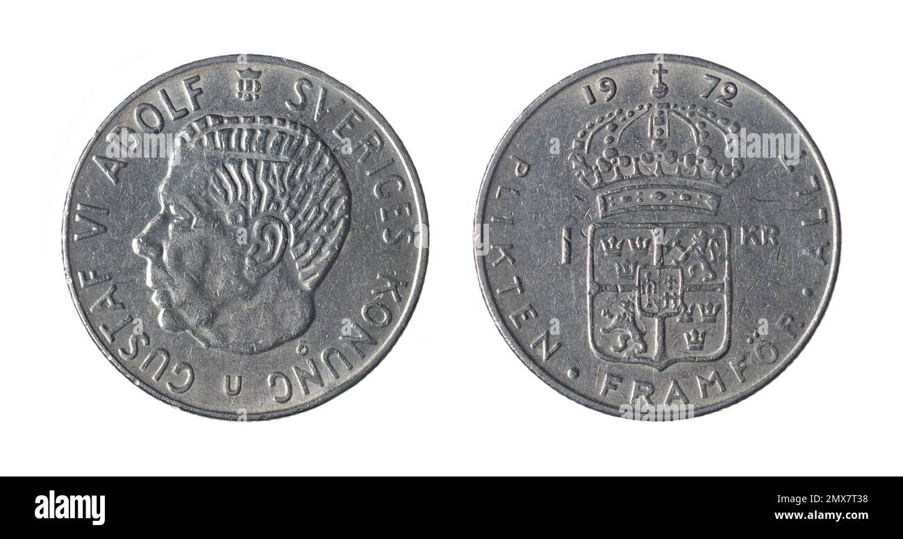 Both sides of the 1 Swedish Krona coin (1972) featuring stylized portrait of the King Gustaf VI Adolf of Sweden and crowned coat of arms. Stock Photo