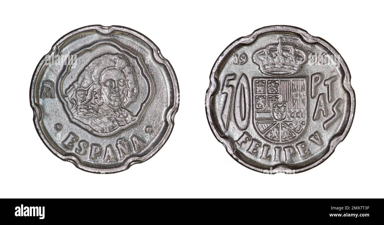 Both sides of the 50 Spanish pesetas coin (1996) featuring portrait of the King Philip V of Spain (1683-1746). Stock Photo