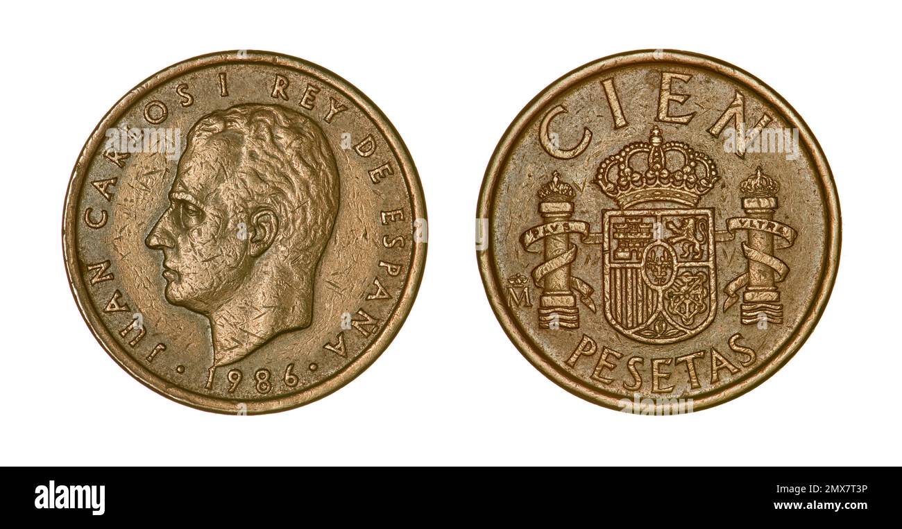 Both sides of the 100 Spanish pesetas coin (1989) featuring portrait of the King Juan Carlos I of Spain on the obverse. Stock Photo