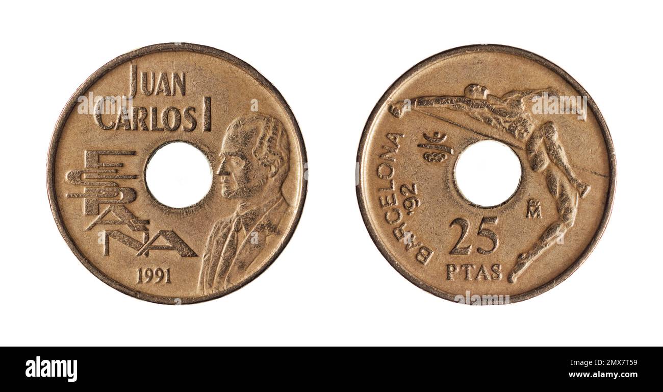 Both sides of the 25 Spanish pesetas coin (1991) issued to commemorate the 1992 Olympic Games in Barcelona. Stock Photo