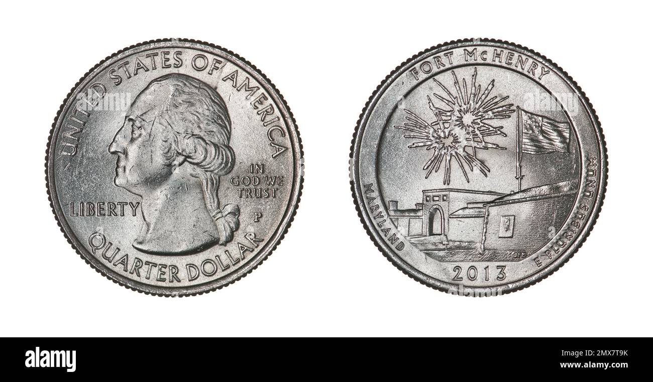 Both sides of the commemorative 1/4 US dollar coin featuring portrait of G. Washington and the Fort McHenry during the 'Defenders Day' celebration. Stock Photo