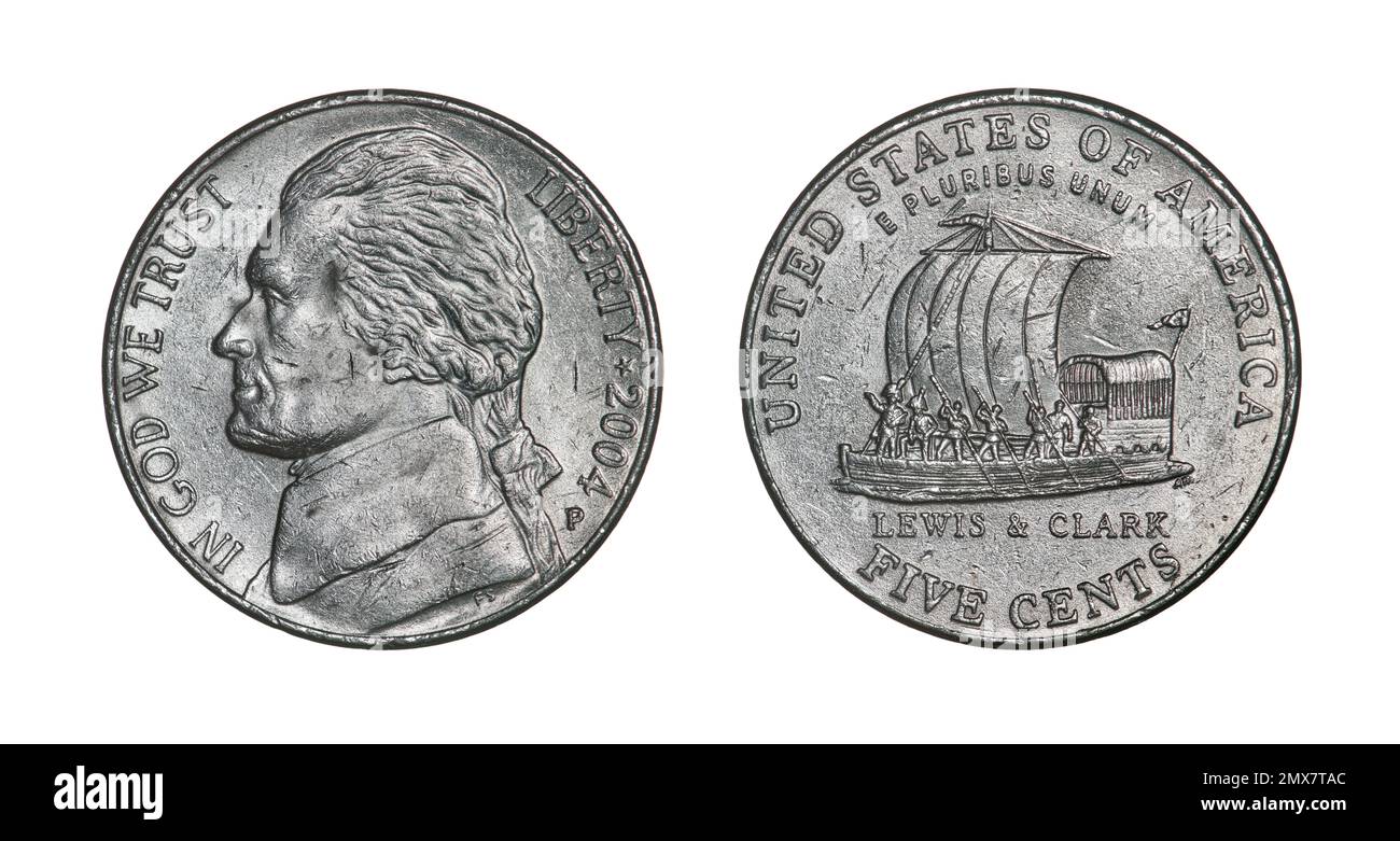 Both sides of the 5 US cents coin (2004) commemorating bicentennial of the Lewis and Clark Expedition and featuring a boat used during the expedition. Stock Photo