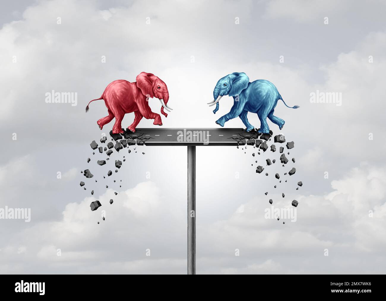 Mutual self Destruction or partnership trap and collective ruin or shared annihilation as two different elephants destroying the opportunity behind Stock Photo