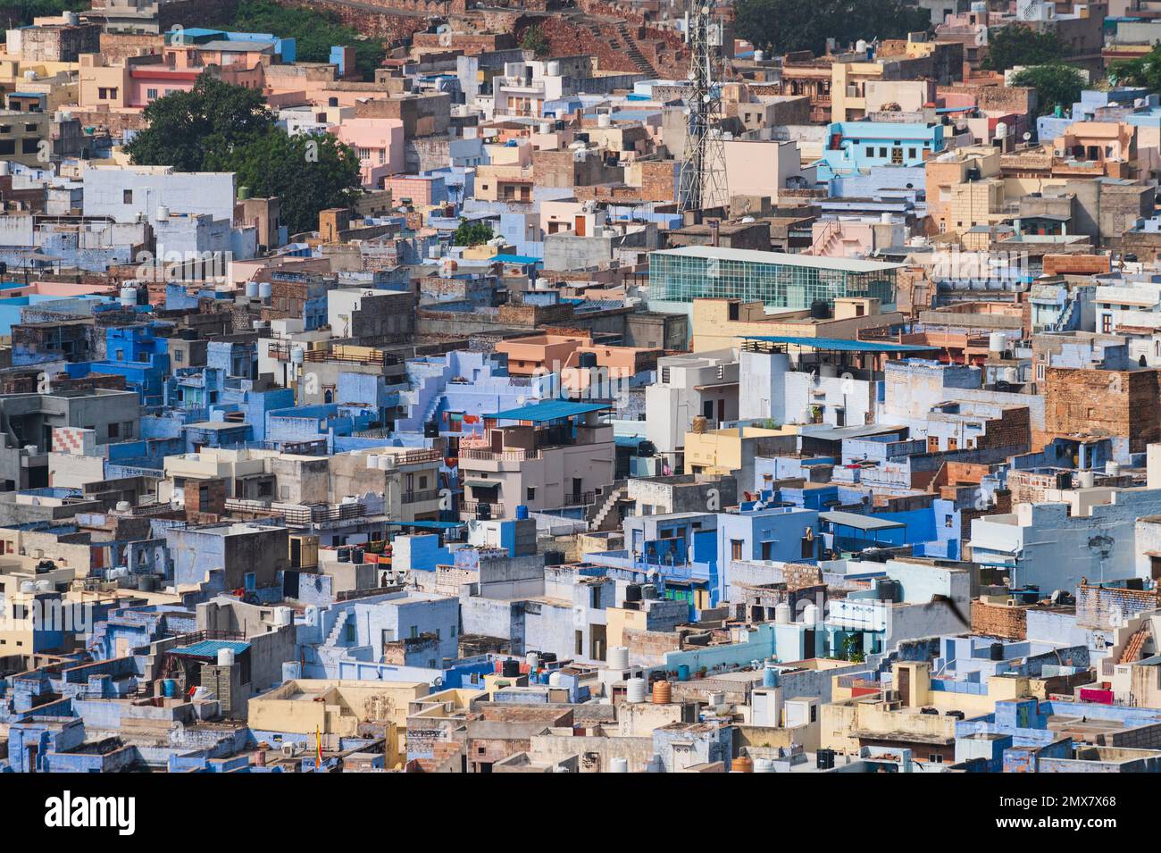 Aerial view of blue city,Jodhpur,Rajasthan,India. Resident Brahmins worship Lord Shiva and painted their houses in blue as blue is his fav colour. Stock Photo