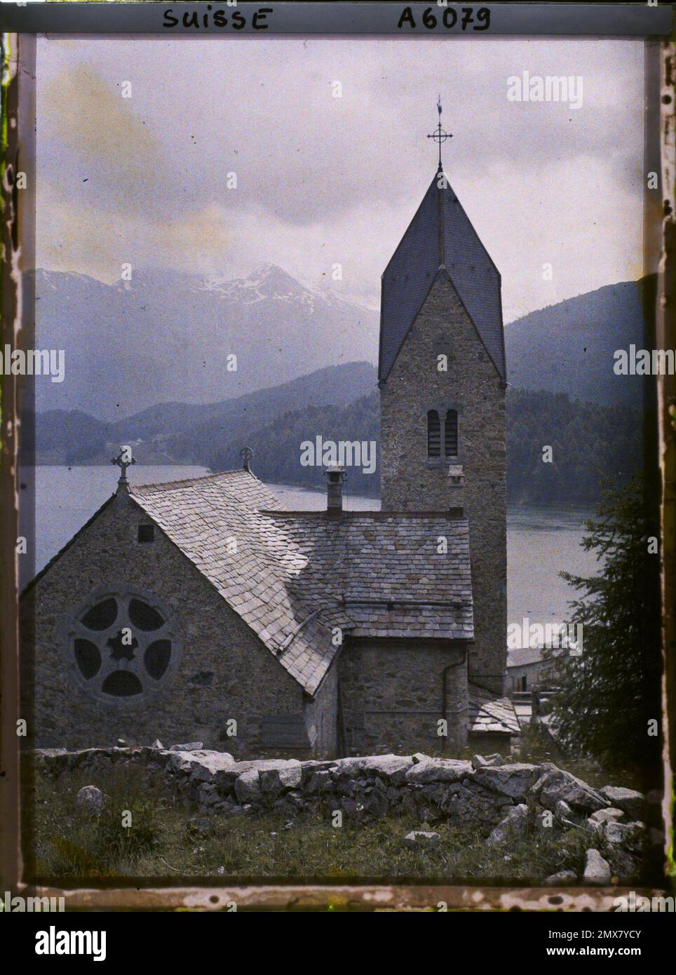 St-Moritz, Switzerland The Evangelical Church of St. Moritz-Bad and Lake St. Moritz , 1912 - Switzerland - Auguste Léon and Cesare Calciati (June 30 -July 4) Stock Photo