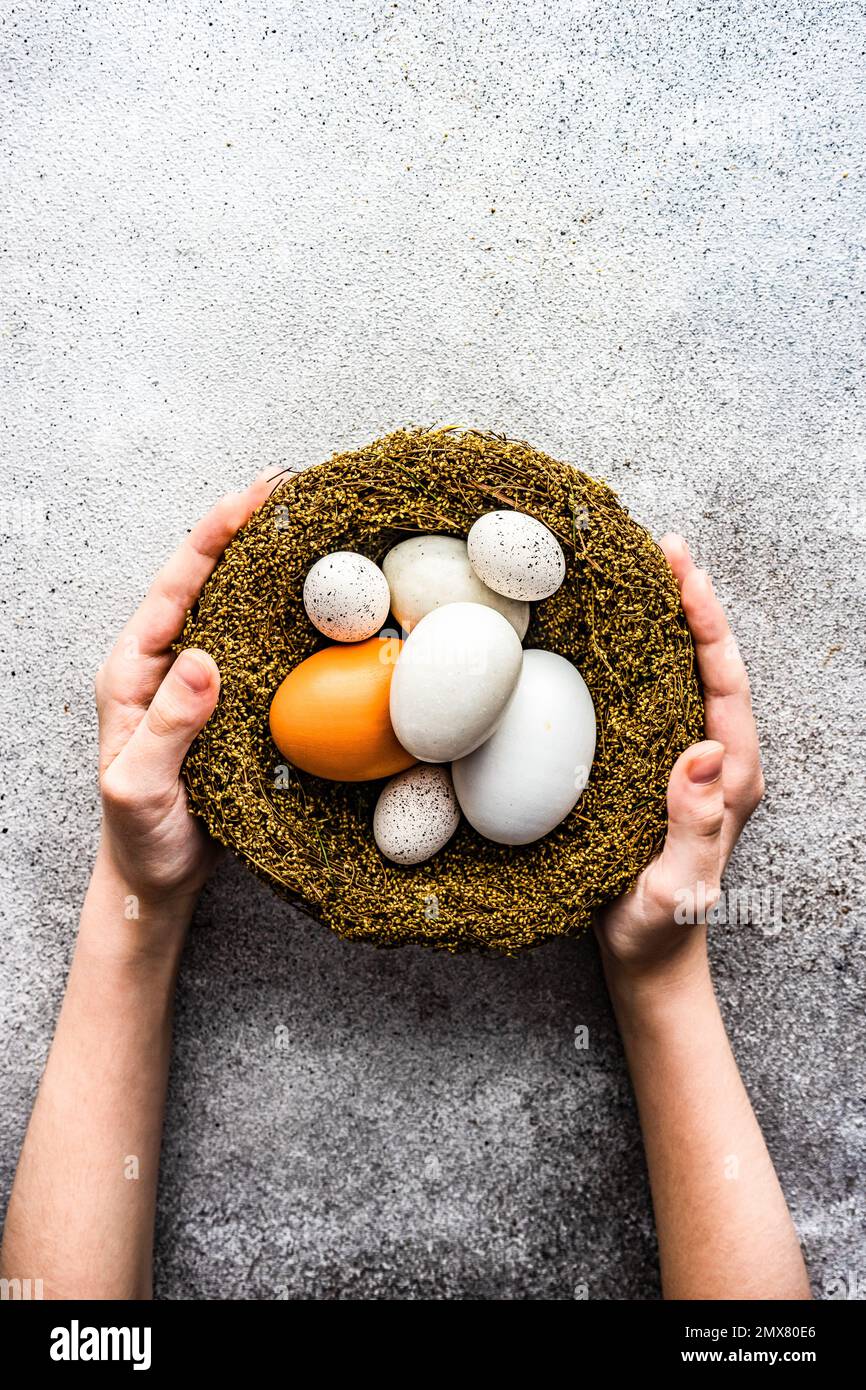 From above cropped unrecognizable child holding nest with easter eggs in concrete table Stock Photo