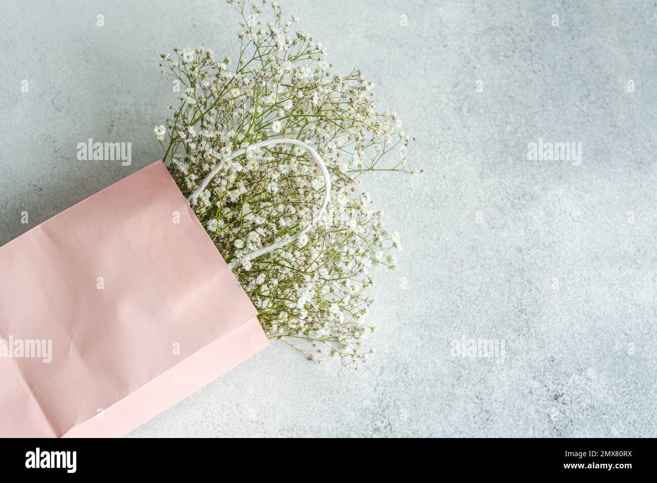 Pink paper bag and white Gypsophila flowers as a shopping concept Stock Photo