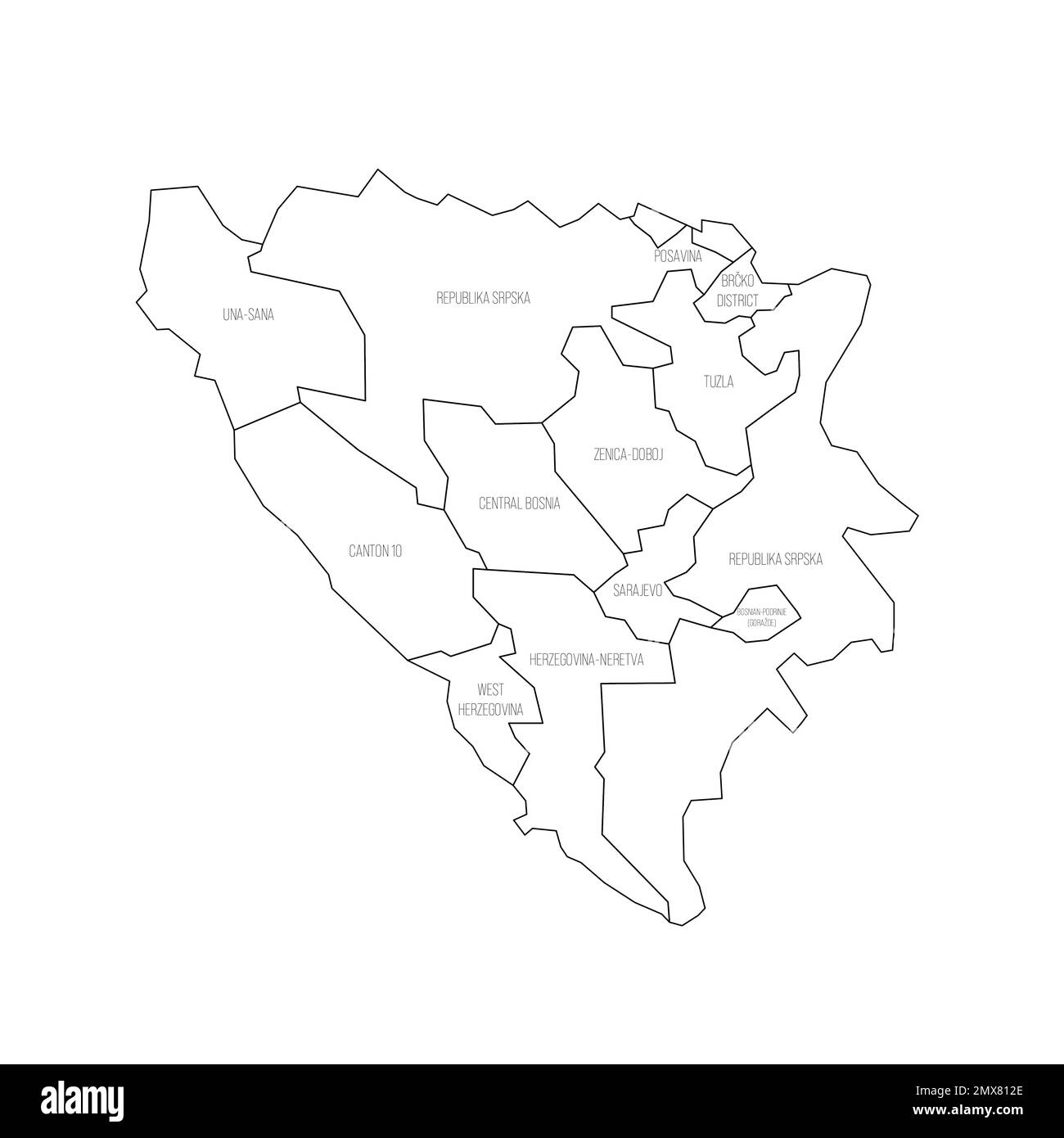 Bosnia and Herzegovina political map of administrative divisions Stock Vector