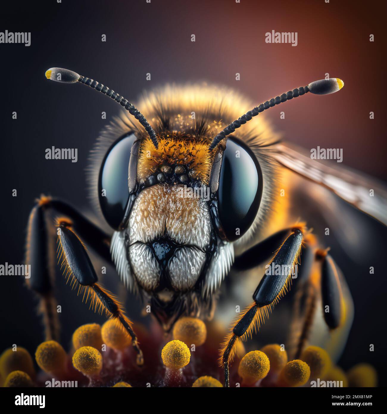 Generative AI image closeup of wild bee with big black eyes and horns