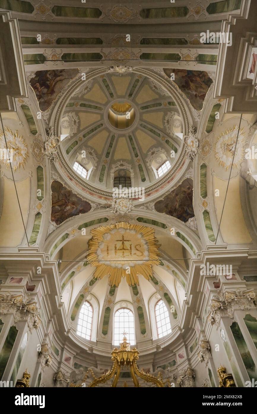 The nave and architectural details on the ceiling of the Jesuitenkirche