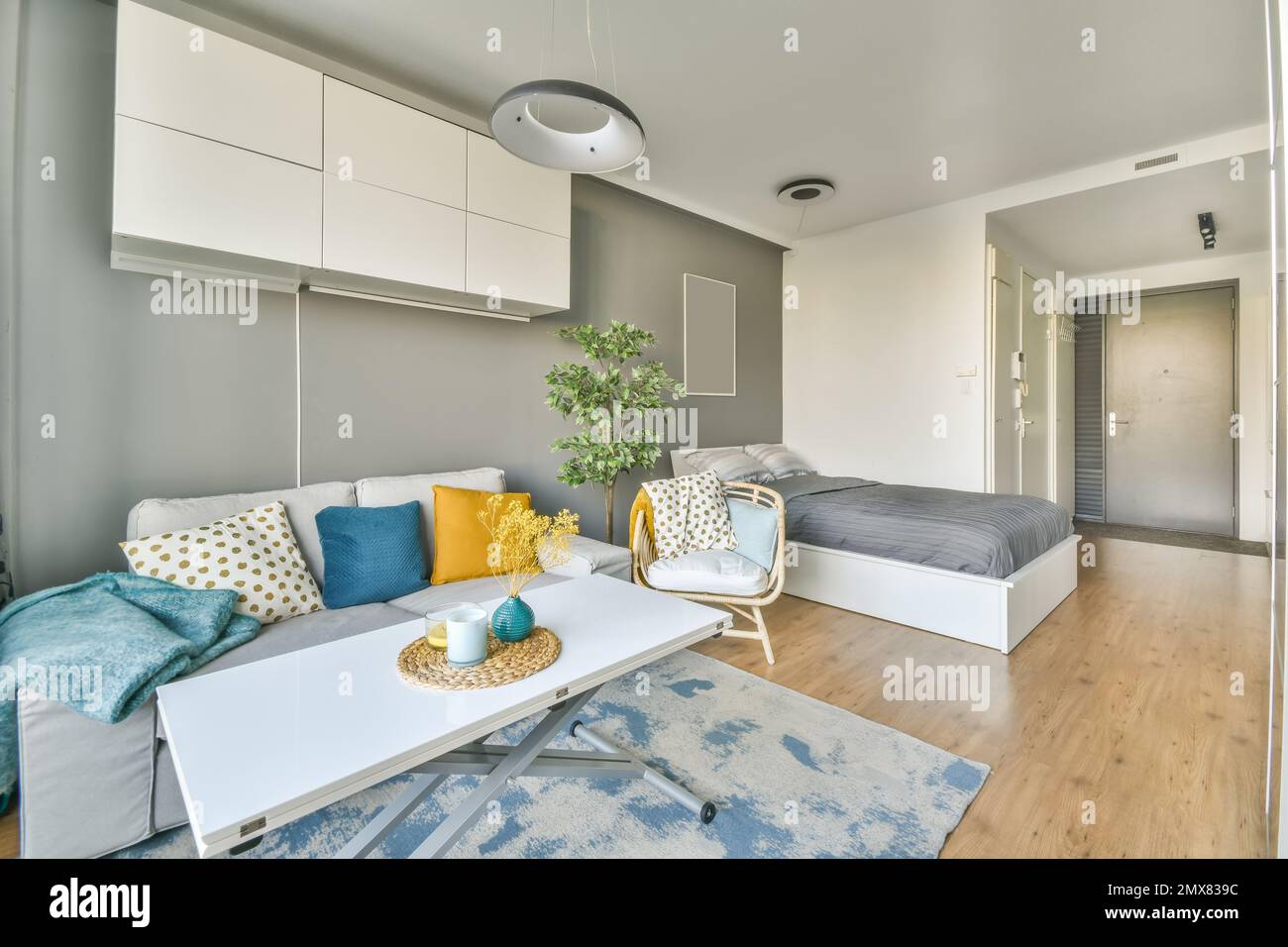 Interior design of modern studio open plan bedroom with comfortable bed ...