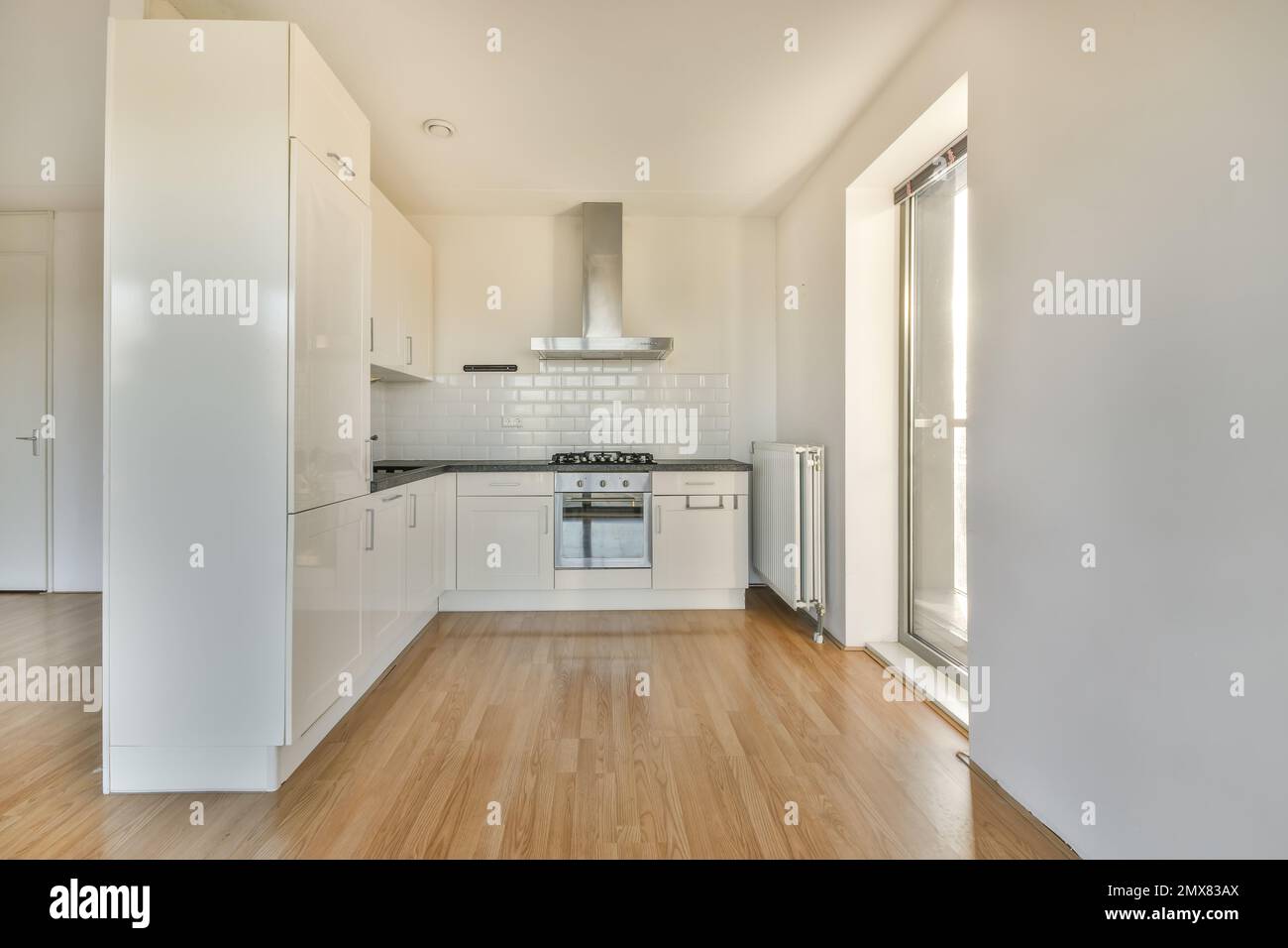 Interior of modern kitchen with cabinets and built in appliances in ...