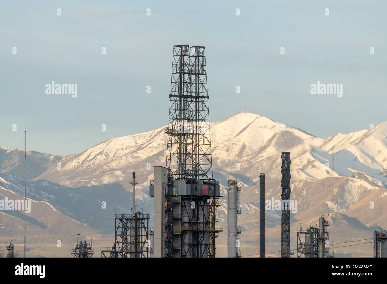 Delayed coking derricks on a delayed coker in an oil refinery near Salt ...