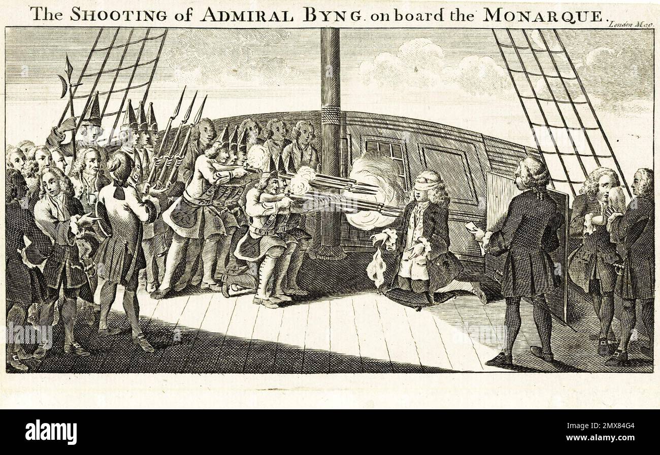 JOHN BYNG (1704-1757) British Royal Navy officer by Thomas Hudson,1749.. A contemporary print of his execution on board  HMS Monarque on 14 March 1757. Stock Photo