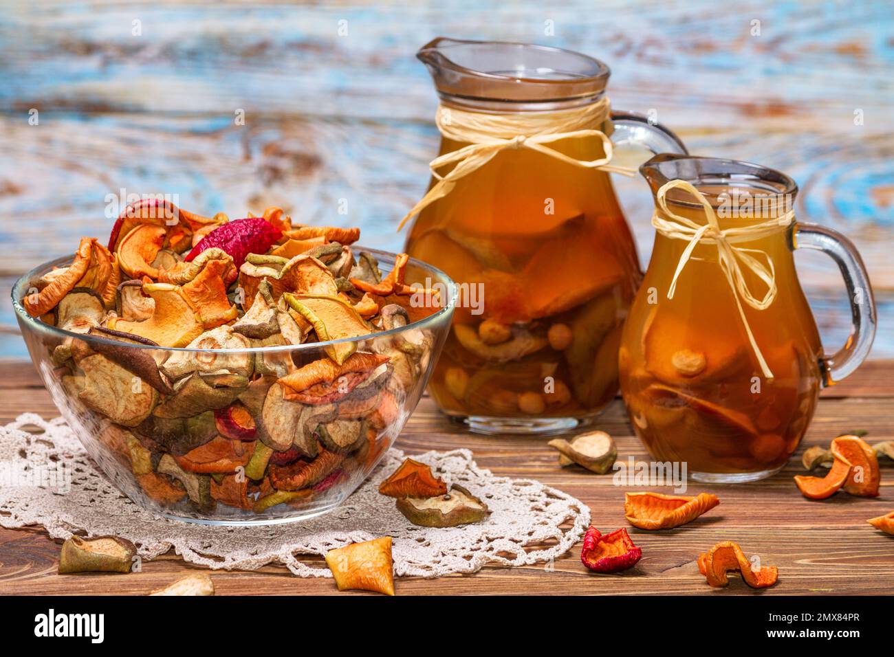 Rural stilllife compote with dried fruits from apples and pears