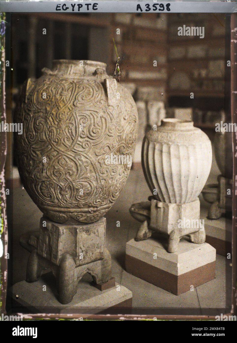 Cairo, Egypt, Africa two marble vases at the Islamic museum , 1914 Egypt Auguste Léon