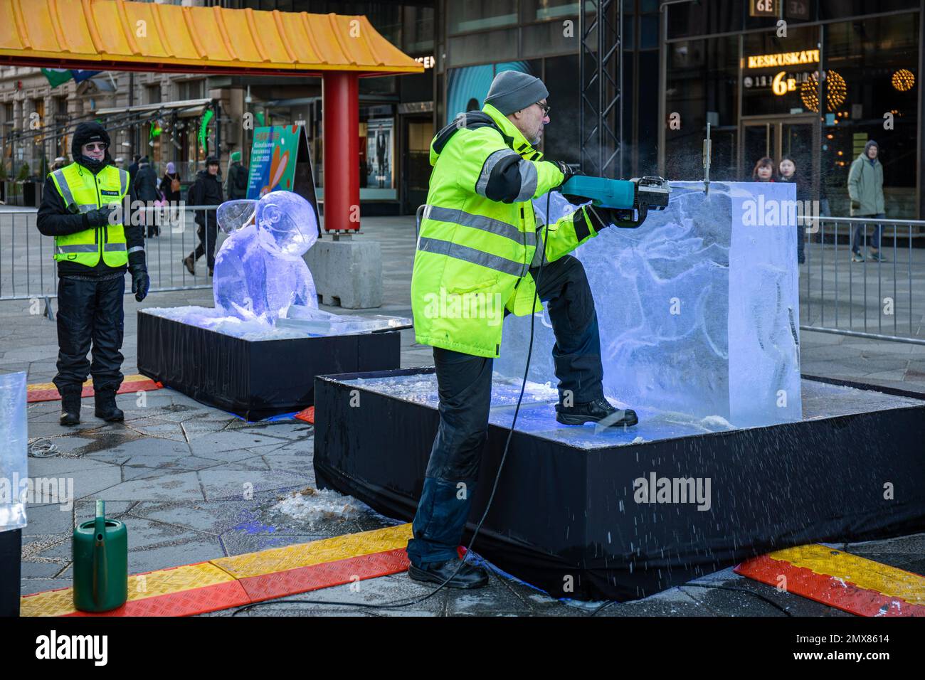 Ice sculptor at work in Helsinki, Finland Stock Photo