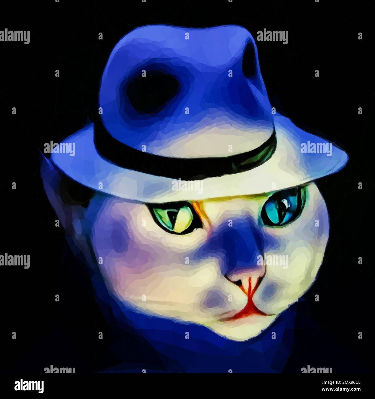 character pet. A cat with a hat is lit from below. Cat secret agent. Vector illustration in low poly style. Stock Vector