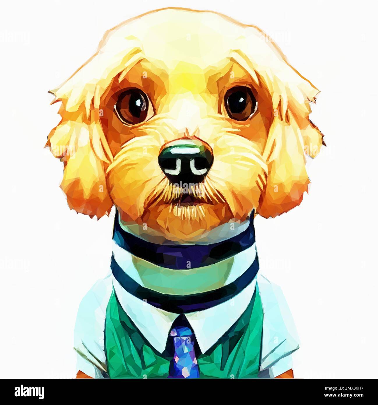Fluffy character dog with a large Wild West collar and tie. Vector illustration in low poly art. Stock Vector