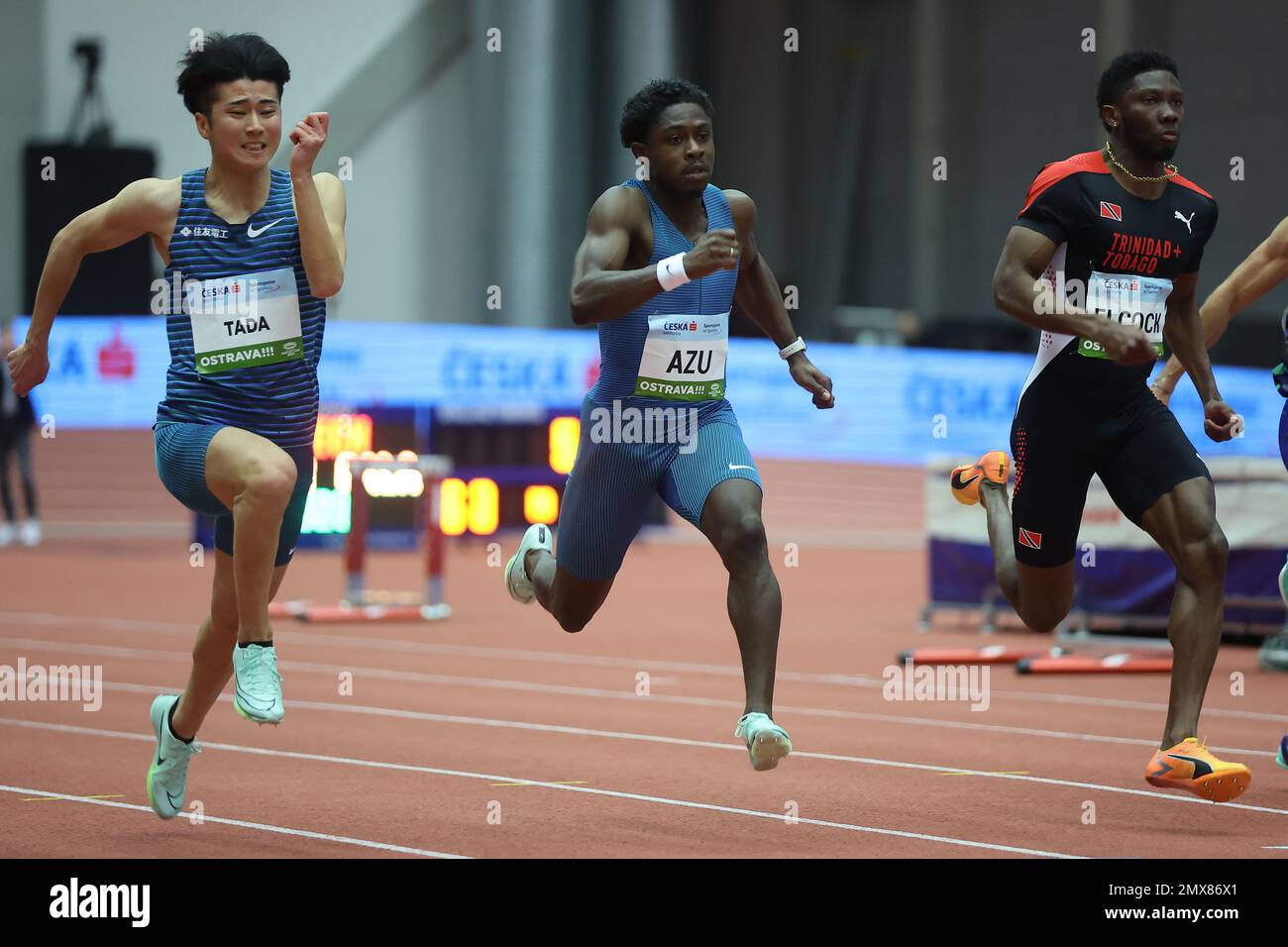 Ostrava, Czech Republic. 02nd Feb, 2023. L-R Shuhei Tada from Japan, Jeremiah Azu from Britain and Jerod Elcock from Trinidad and Tobago compete in men's 60 metres race during the Czech Indoor Gala athletics meeting of the silver category of the World Indoor Tour, on February 2, 2023, in Ostrava, Czech Republic. Credit: Petr Sznapka/CTK Photo/Alamy Live News Stock Photo