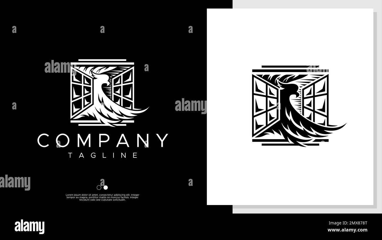 Eagle and window logo design template. Artistic eagle flying logo vector. Stock Vector