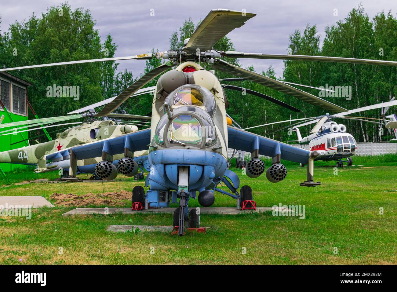 MoscowRussia; June 26 2019: Mil Mi-24 V,  Soviet Air Force helicopter gunship, displayed in russian aircraft museum Stock Photo