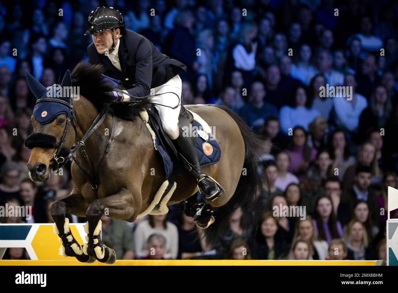 AMSTERDAM - Rider Simon Delestre (FRA) on Cayman Jolly Jumper during the FEI Jumping world Cup at Jumping Amsterdam 2023 at RAI Amsterdam on January 29, 2023 in Amsterdam, Netherlands. AP SANDER KING Stock Photo