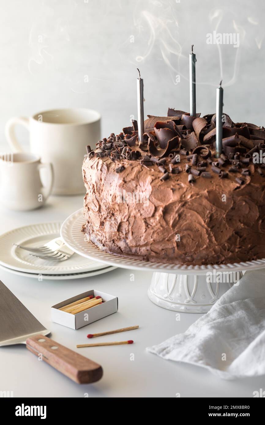 A tall homemade chocolate cake with candles that have just been blown out. Stock Photo