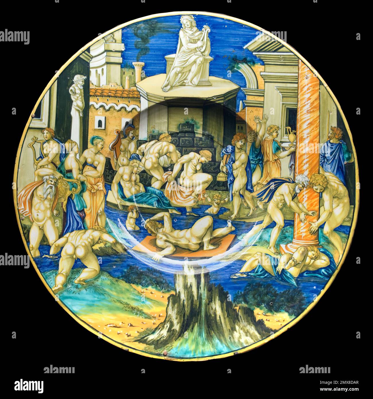 Majolica plate with flooding of the Tiber (1531) by Francesco Xanto Avelli, Milan, Castello Sforzesco. Stock Photo