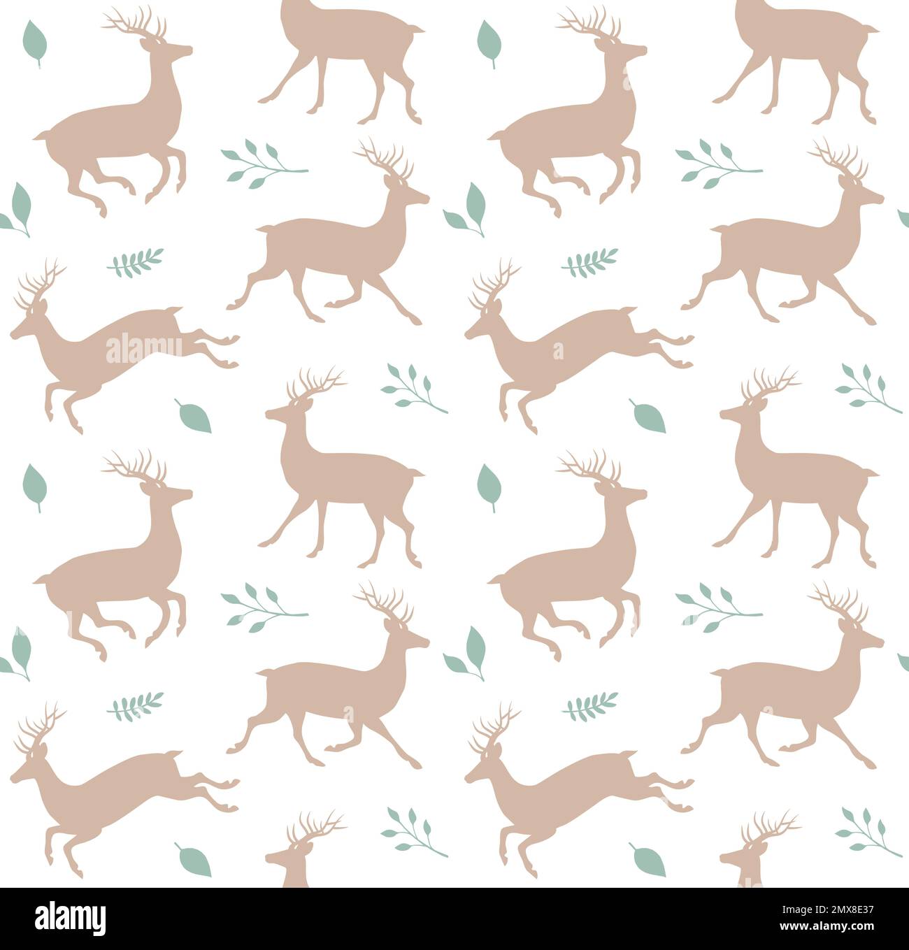 Vector seamless pattern of flat hand drawn deer and leaves silhouette ...
