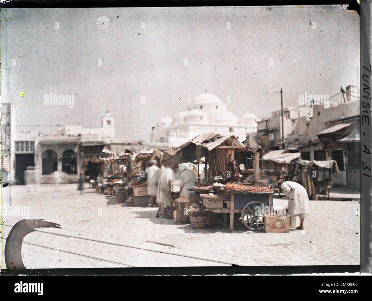 Tunis, Tunisia The Place Bab-el-Souïka Place and the Sidi-Mahrez Mosque in the Medina , 1909 or 1910 - Algeria, Tunisia - Jules Gervais -Courtellemont and Souvieux Stock Photo